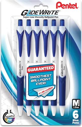 Pentel GlideWrite - Bolígrafo con tinta TechniFlo (³/₆₄ pulgadas), trazo medio, tinta azul, paquete de 6 (BX910BP6C)
