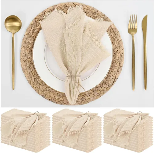 Miniatura 9 de Paquete de 12 servilletas de lino y algodón beige de 16 x 16 pulgadas, hechas a mano con flecos, servilletas de tela suave, lavables y rústicas