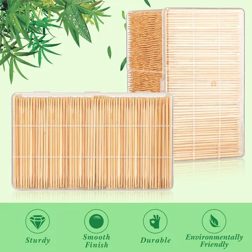 Miniatura 5 de Jerify 3000 palillos de madera de bambú, redondos, de doble cara, con caja de almacenamiento de plástico transparente para aperitivos, alimentos