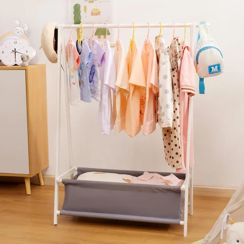 Miniatura 7 de Cozivolife Perchero de ropa para niños con caja de almacenamiento, soporte para vestir, soporte para ropa infantil con varillas para colgar, pequeño