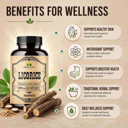 Miniatura 5 de Raíz de regaliz 100 cápsulas – Glycyrrhiza Glabra orgánica pura – Suplemento herbal para la comodidad digestiva y el bienestar general – Sin OMG
