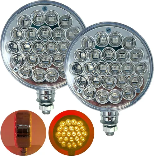 Miniatura 9 de All Star Truck Parts 2 piezas Ámbar/Rojo 48 LED Redonda de doble cara Montaje en perno cromado Pedestal defensa luz trasera de giro y stop