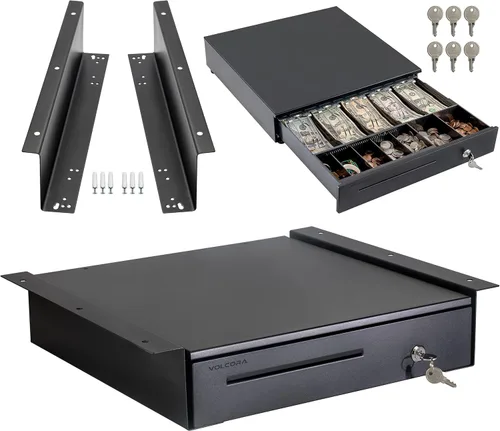 Volcora Cajón de caja registradora con soporte de metal de montaje debajo del mostrador, cajón de efectivo negro de 16 pulgadas para POS, bandeja de
