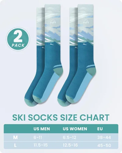 Miniatura 6 de OutdoorMaster Calcetines de esquí, paquete de 2 pares de calcetines térmicos para esquí y snowboard para mujer, puño antideslizante sobre