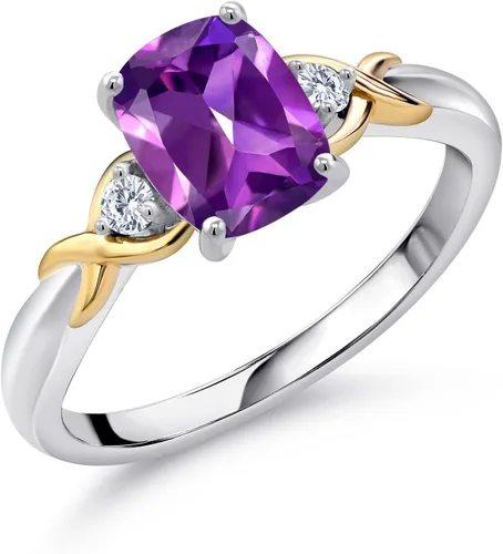 Miniatura 62 de Gem Stone King Anillo de compromiso de 3 piedras preciosas de plata 925 y oro amarillo de 10 quilates de 0.315 x 0.236 in de talla cojín y diamante