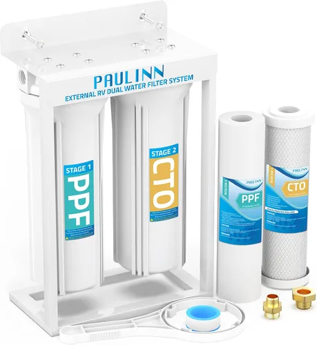 PAULINN Sistema de Filtros de Agua Dobles Externos para RV, Filtro de Agua para Caravana Libre de Plomo y BPA con Accesorios de Latón y Soporte de