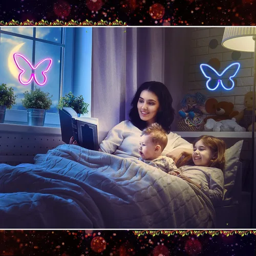 Miniatura 6 de Riakrum 2 piezas de letreros de neón de mariposa, luz LED de 3 pilas AAA, alimentado por USB, letrero de neón de pared, decoración de mariposas