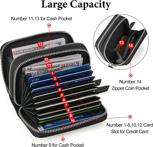 Miniatura 2 de KM Legend Cartera para mujer, delgada, con bloqueo RFID, tarjetero con ventana de identificación, monederos compactos con doble cremallera