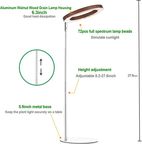 Miniatura 4 de yadoker 72 LEDs Luz de cultivo de plantas para plantas de interior, Luz de escritorio de aluminio con grano de madera de nogal LED, Altura