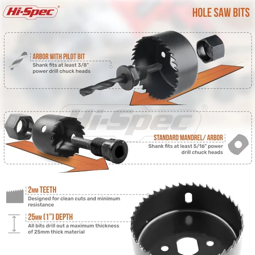 Miniatura 3 de Hi-Spec Juego de 21 piezas de sierras de agujero para madera, puntas de clavo y brocas de pala. Accesorios de herramientas de perforación DIY