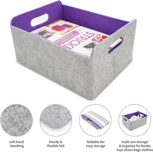 Miniatura 3 de Welaxy Cestas de almacenamiento plegables de fieltro, cubos de almacenamiento para estantes, caja de fieltro para niños, juguetes, revistas, libros