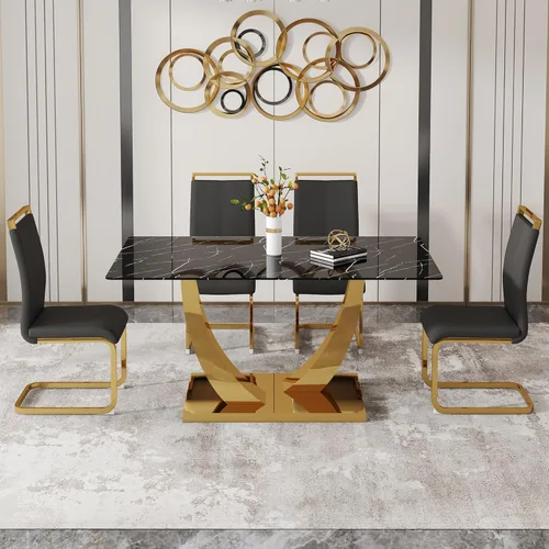 Miniatura 8 de Juego de mesa de comedor de 63 pulgadas para 4, juego de mesa de comedor dorado moderno para 4, juego de mesa de cocina de mármol sintético con negro