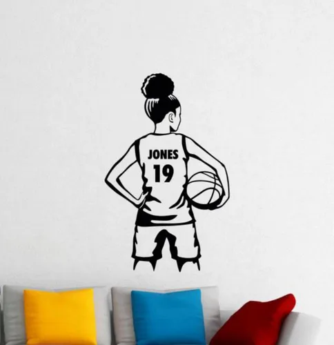 Calcomanía de vinilo personalizada de baloncesto para niña, nombre y número personalizados, arte de pared de jugador de baloncesto, etiqueta de