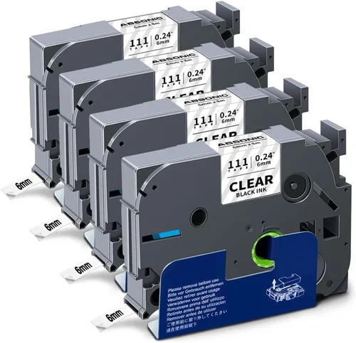 Absonic Paquete de 4 cintas de etiquetas Tze-111 de 0.236 pulgadas, color negro sobre transparente, compatibles con Brother Tze111 Tz-111 Tz111 P