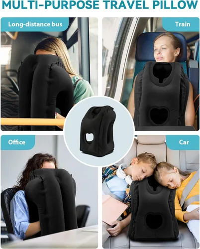 Miniatura 7 de almohada de viaje inflable, almohada para el cuello de avión que apoya cómodamente la cabeza y la barbilla para aviones, trenes, autos, siestas