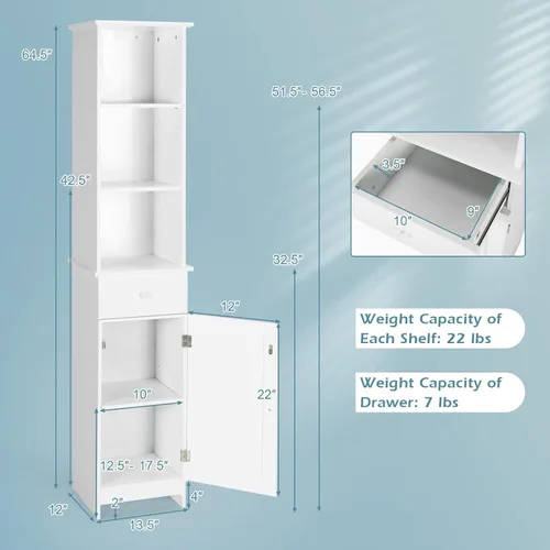 Miniatura 3 de Tangkula Armario alto de baño, gabinete de almacenamiento delgado con estante de 3 niveles, cajón y torre de lino cerrada y estrecha, estantes