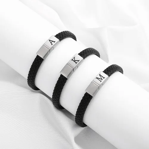 Miniatura 7 de Pulsera de cuero para hombre, regalos de Navidad, cuero de alta calidad, cierre magnético ajustable, pulsera con inicial significativa para hombres