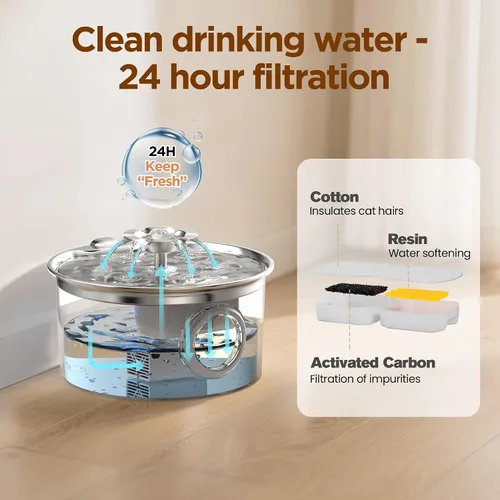 Miniatura 8 de Fuente de agua para gatos de acero inoxidable: fuente para mascotas ultra silenciosa de 88 oz/2.6 L con pico de gatito con flores y dispensador