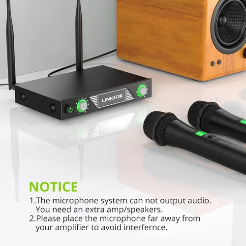Miniatura 5 de LiNKFOR Micrófono inalámbrico, sistema de micrófono de karaoke inalámbrico UHF, micrófono inalámbrico dual profesional de 196 pies, rango
