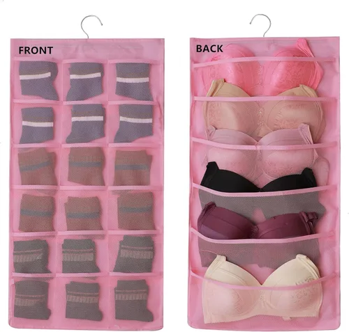 Miniatura 6 de Organizador de armario de doble cara con bolsillos de malla para colgar, para ropa interior, brasier, calcetines, accesorios con percha, total de 24