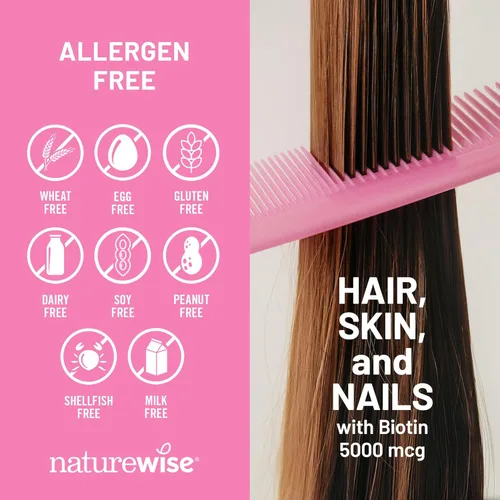 Miniatura 5 de NatureWise Vitamina para el cabello, piel y uñas, biotina 5000mcg con ácido hialurónico, colágeno para mujeres con C, complejo B, D3, A, E, hierro
