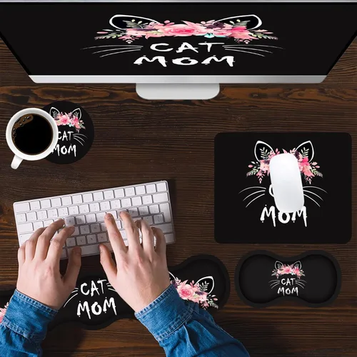 Miniatura 4 de Juego de reposamuñecas ergonómico para teclado y alfombrilla para mouse con posavasos [4 piezas], base de goma antideslizante para el hogar, Gato