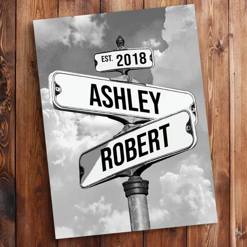 Miniatura 3 de Mapileng Lienzo personalizado de Crossroads Street Sign para parejas, nombres personalizados y fecha, arte de pared vintage, regalo del día de San