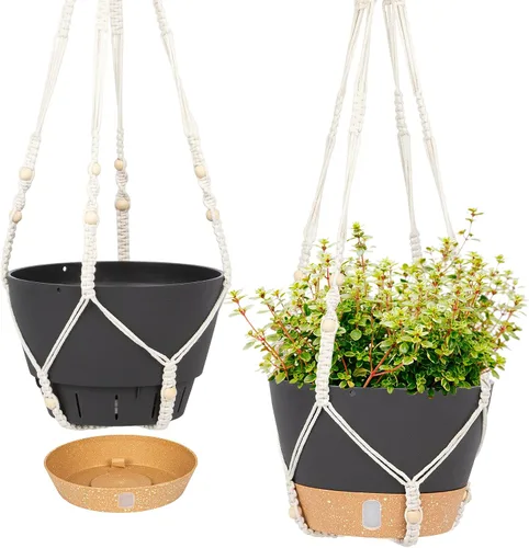 Miniatura 10 de QCQHDU Paquete de 2 macetas colgantes de 10 pulgadas para plantas de interior y exterior, cestas colgantes macetas de flores con bandeja de depósito