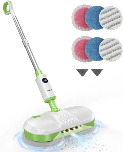 AlfaBot Trapeador eléctrico inalámbrico, limpiador eléctrico de piso con faro LED y rociador de agua, hasta 60 minutos, autopropulsado con gran