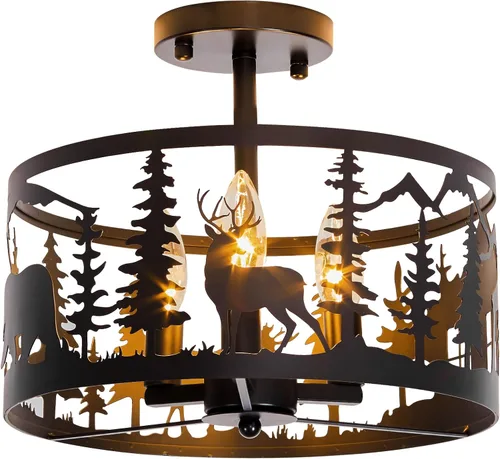 Miniatura 11 de Accesorio de Lámpara de Techo Rústica de Granja de Montaje Semi-Empotrado, 3 Luces Base E12 Accesorios de Luz de Metal Redondo Negro para Cocina