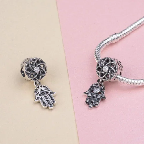 Miniatura 2 de Abalorio de plata de ley 925 con diseño de mano de Fátima para pulsera Pandora (B)