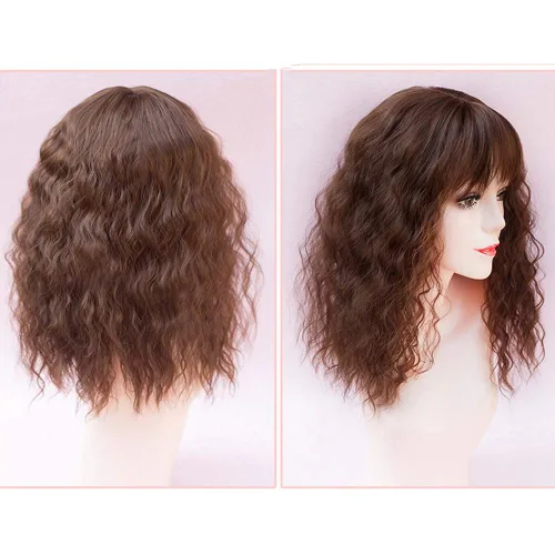 Miniatura 3 de RemeeHi Peluca sintética rizada y ondulada con clip, para pérdida de cabello, con flequillo, para mujer, color marrón oscuro, 18 pulgadas (grueso)