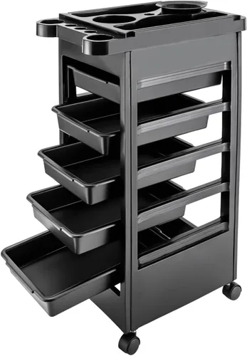 Miniatura 10 de Carrito profesional de salón, carrito de salón negro con asa y ruedas, 5 cajones y 2 soportes para secadora de pelo, bandeja lateral, carrito