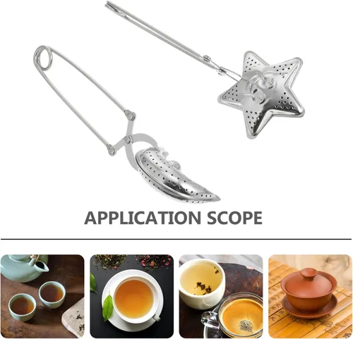 Miniatura 7 de NUOBESTY Juego de 2 infusores de té de acero inoxidable con clip de agarre largo en coladores de té en forma de estrella y luna para preparar hojas