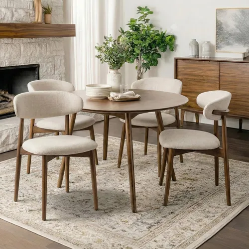 Miniatura 10 de Juego de 4 sillas de comedor, sillas tapizadas de estilo granja, sillas modernas de tela para cocina con patas de madera maciza, color camello