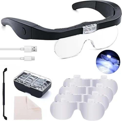 Miniatura 9 de Lupa de cabeza con lupa ligera recargable para diadema para trabajo cercano, lentes intercambiables de 1.5 x 2.5 x 3.5 x 5 x para lupa de joyero