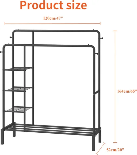 Miniatura 7 de JOISCOPE Perchero resistente de 47 x 65 pulgadas, perchero de ropa de doble barra para colgar ropa, perchero con estantes de armario de 4 niveles