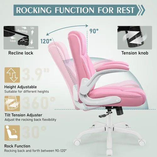 Miniatura 7 de Silla de cuero PU con soporte ergonómico lumbar, gira 360°, pequeña, ruedas, reposabrazos ajustables, para gente chaparra, para escritorio, Rosa