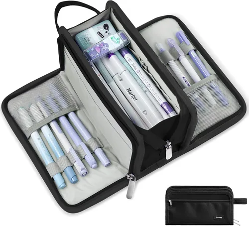 Miniatura 9 de Sooez Estuche grande para lápices, bolsa para lápices de gran capacidad con 3 compartimentos, organizador portátil de artículos de papelería de lona
