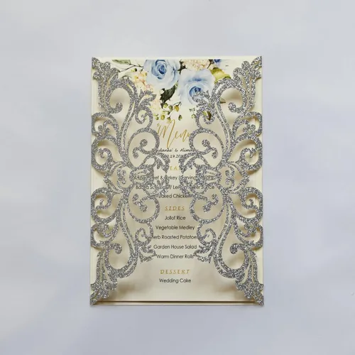 Miniatura 19 de 25 piezas de tarjetas de invitaciones de boda cortadas con láser con purpurina verde con sobres, hojas interiores en blanco, cintas
