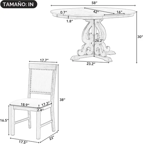 Miniatura 7 de Merax - Juego de mesa de comedor redonda extensible para 4-6, juego de mesa de cocina de granja con 4 sillas tapizadas y hojas extraíbles