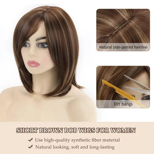 Miniatura 2 de SEVENCOLORS Pelucas cortas de cabello sintético con flequillo lateral y rubio mezclado para mujeres blancas, longitud al hombro, pelucas de cabello