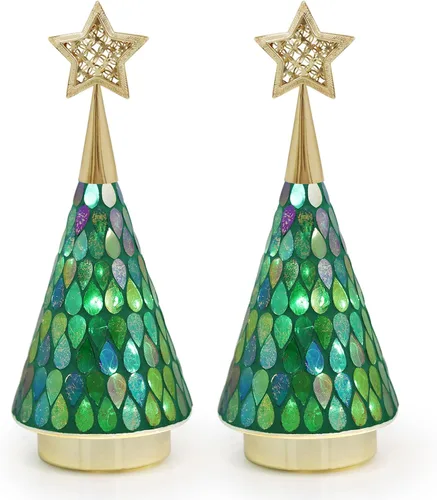 Miniatura 10 de Árbol de Navidad de vidrio con mosaico dorado con estrella, 2 piezas de árboles de Navidad pequeños de mesa con luz, árbol de Navidad a