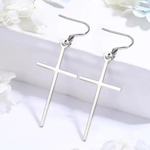 Miniatura 6 de HAIAISO 3 pares de aretes de cruz de acero inoxidable clásicos de oro rosa, plata y cruz colgantes, joyería de cruz minimalista para mujer