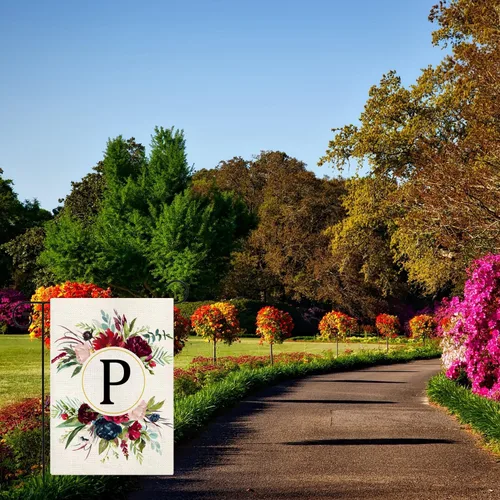 Miniatura 6 de Banderas de jardín con monograma de letra P, bandera de jardín de verano de 12 x 18 pulgadas, banderas florales de doble cara para patio, bandera