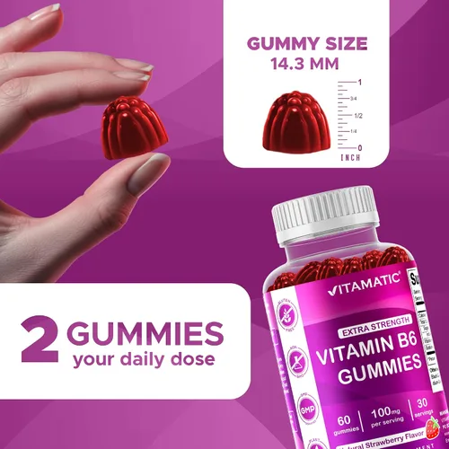 Miniatura 3 de Vitamatic Vitamina B6 100mg - Sabor a Bayas - 60 Gomitas a Base de Pectina - Apoya el Sistema Nervioso