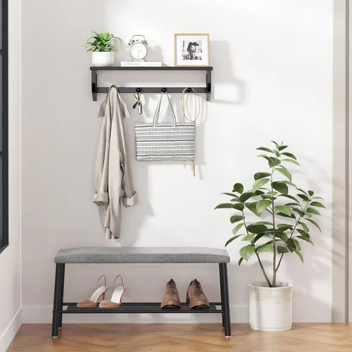 Miniatura 7 de Perchero de pared, estante de pared de madera con ganchos, colgador de pared con 4 ganchos de metal, organizador de perchero montado en la pared