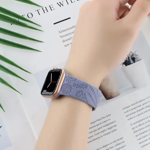 Miniatura 5 de Correa de silicona grabada con flores compatible con correas de Apple Watch de 1.496 pulgadas, 1.575 pulgadas, 1.614 pulgadas, bonita correa