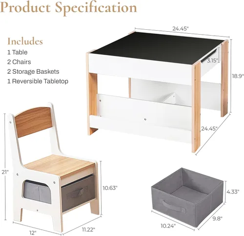 Miniatura 2 de LuxenHome - Juego de mesa y sillas para niños pequeños con mesa reversible, juego de mesa de actividades multifuncional para niños y sillas
