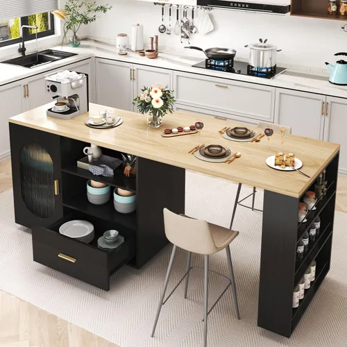 HSH Isla de cocina rodante de 72 pulgadas con asiento, mesa giratoria de 360°, isla de cocina con gabinete de almacenamiento, cajón y estantes,